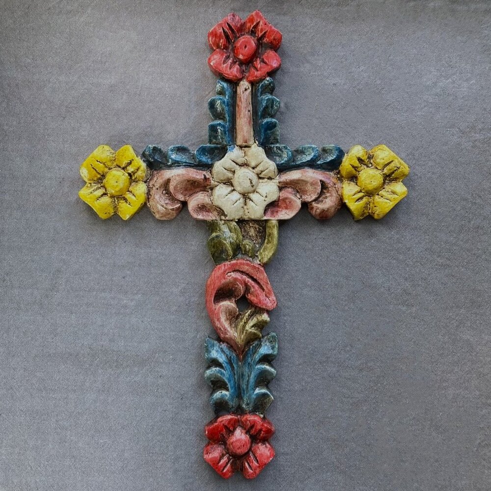 Hand Carved, Painted, Wooden Wall Cross, Folk Art, Floral Reclaimed Wood, 12.5in